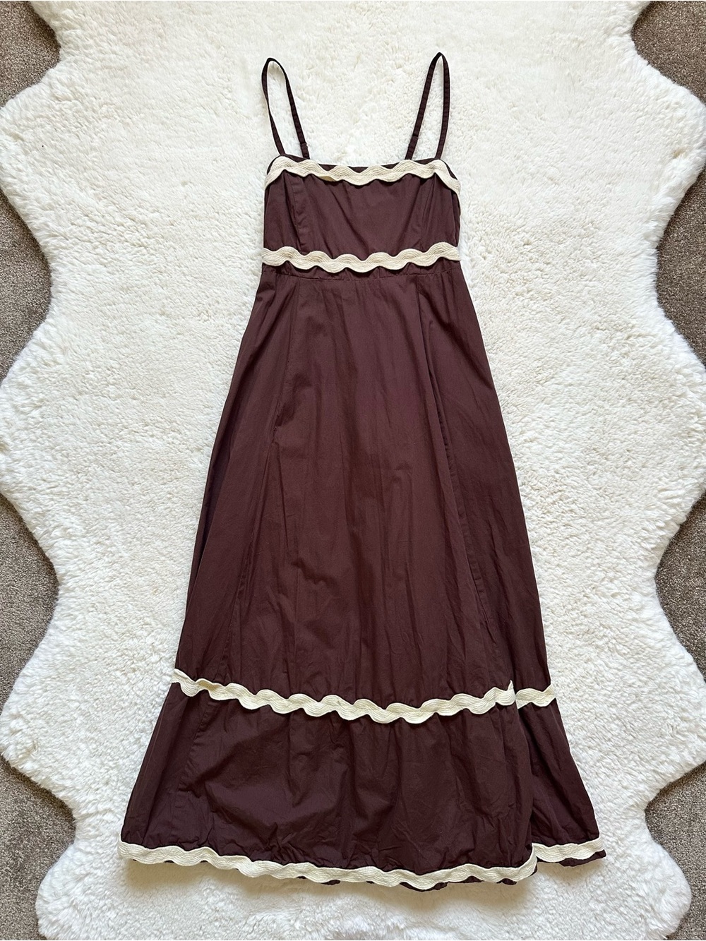 Sim and Sam Brown Maxi Dress with Cream Scallop Trim S